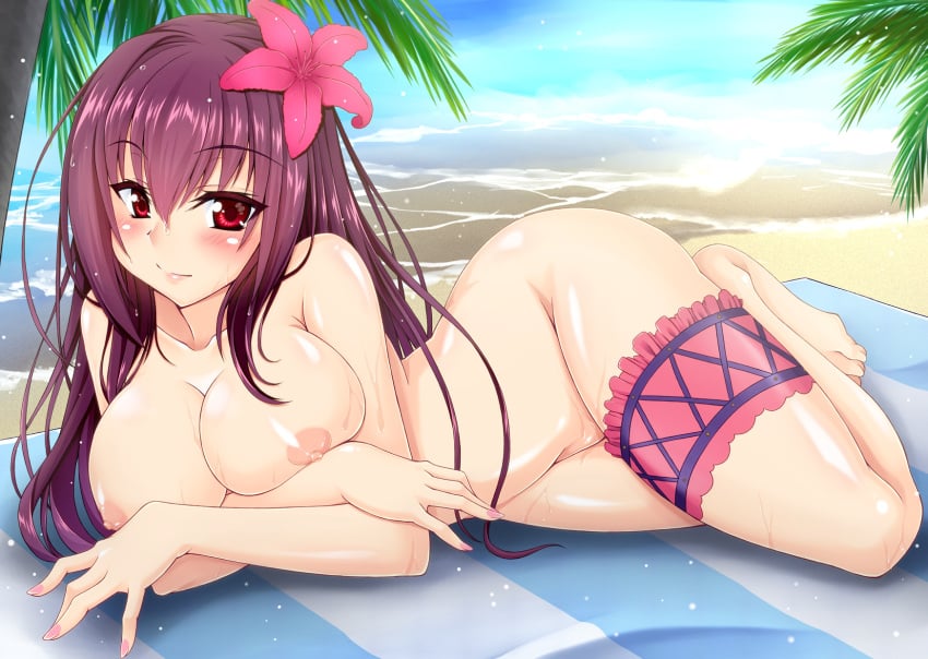 bad_anatomy beach blush breasts fate/grand_order fate_(series) feet female flower gekato hair_flower hair_ornament highres large_breasts long_hair lying maroon_hair nail_polish nipples nude on_side palm_tree red_eyes scathach_(fate) scathach_(swimsuit_assassin) solo thigh_strap tree water