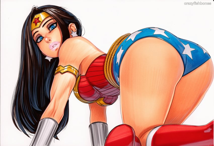 2025 ai_generated artist_name ass blue_eyes breasts crazyfishbones dc dc_comics earrings female gloves jewelry long_hair looking_at_viewer solo wonder_woman wonder_woman_(series)