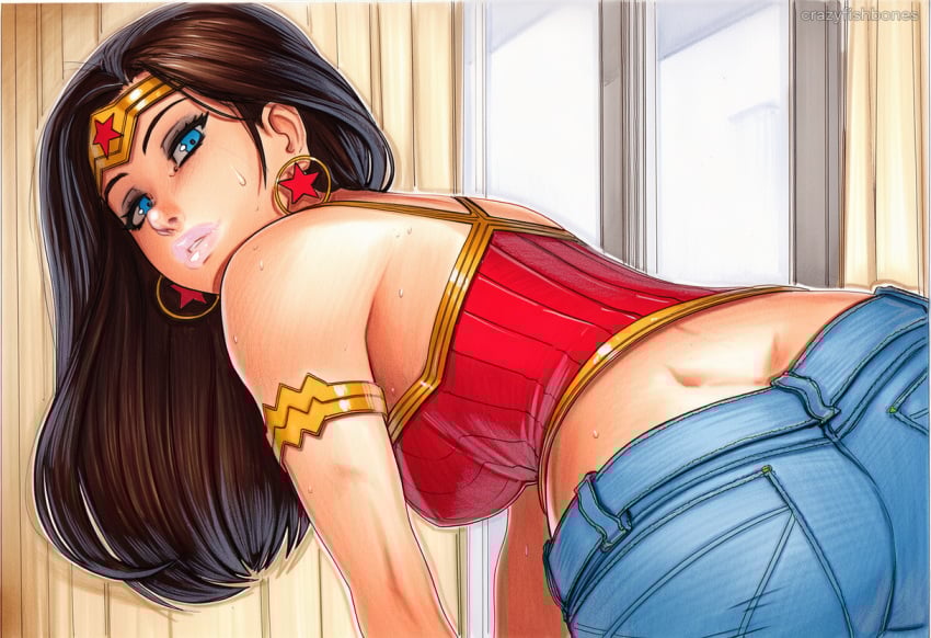 2025 ai_generated artist_name blue_eyes breasts brown_hair crazyfishbones dc dc_comics denim earrings female jewelry long_hair midriff solo wonder_woman wonder_woman_(series)