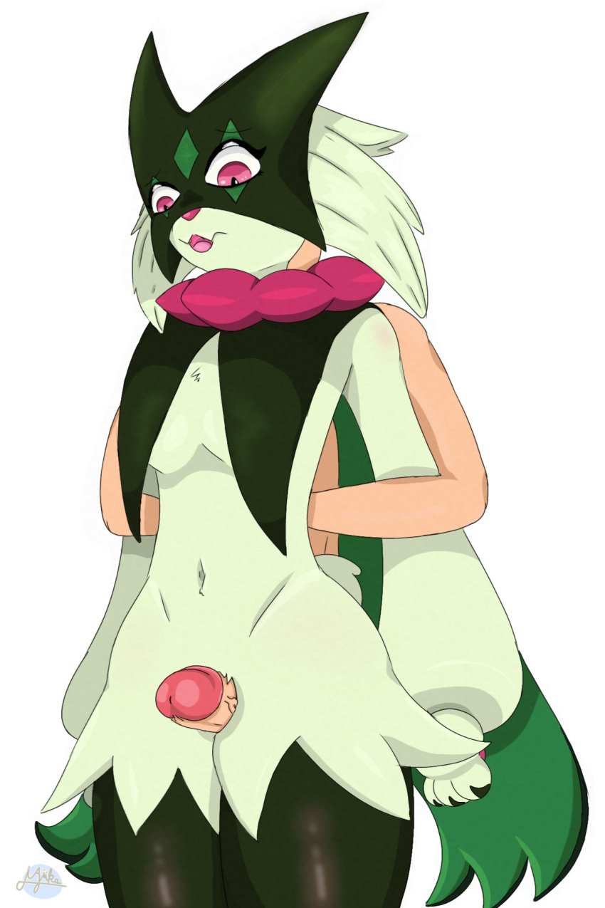 2025 anthro breast_curtains breasts eyelashes female female_anthro from_behind_position generation_9_pokemon green_body green_hair human looking_down majika male male/female male_human male_on_anthro mask meowscarada navel nintendo nude nude_male open_mouth paws penis pink_eyes pink_nose pokemon pokemon_(species) pokephilia tail thigh_job thigh_sex thighs white_background