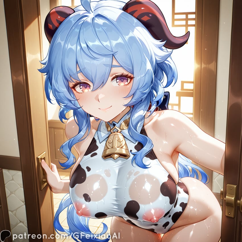 ai_generated areolae big_breasts blue_eyes covered_nipples cow_outfit door ganyu_(genshin_impact) genshin_impact gfeixiaoai highres horns hoyoverse light_skin long_eyelashes long_hair mihoyo naked neck_bell patreon patreon_username pink_eyes shiny_skin smile sweatdrop thick_thighs wet wide_hips