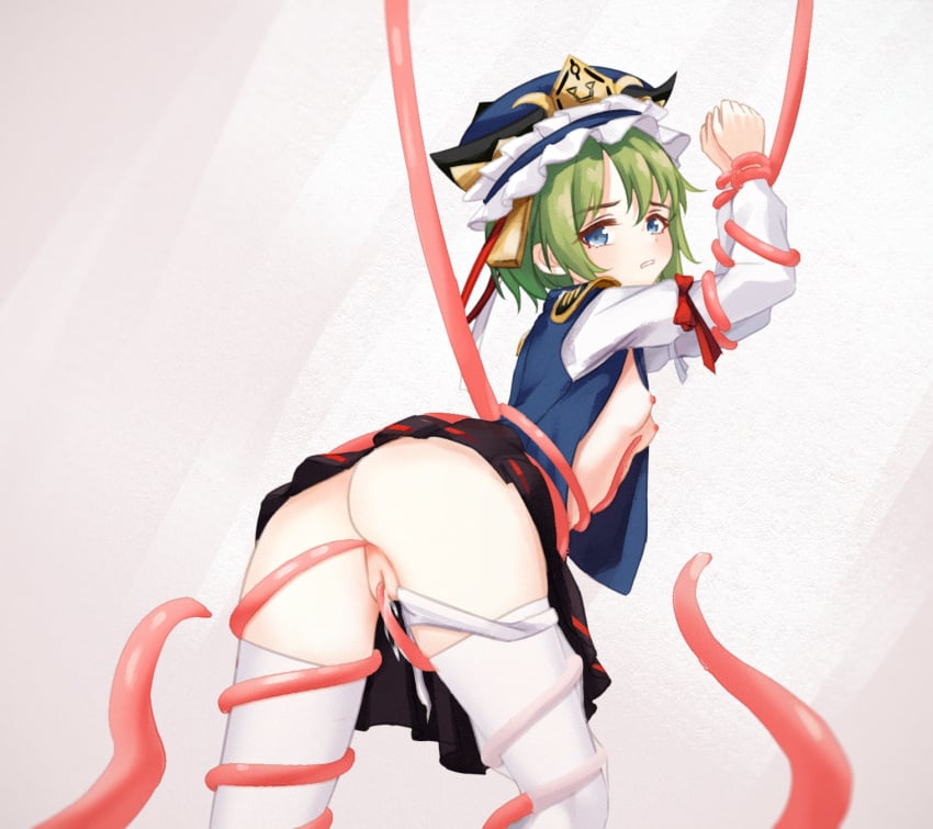breasts chunjiu dress female green_hair hat highres looking_at_viewer nipples pussy pussy_juice shiki_eiki short_hair simple_background sleeve_bow small_breasts tentacle tentacle_sex touhou