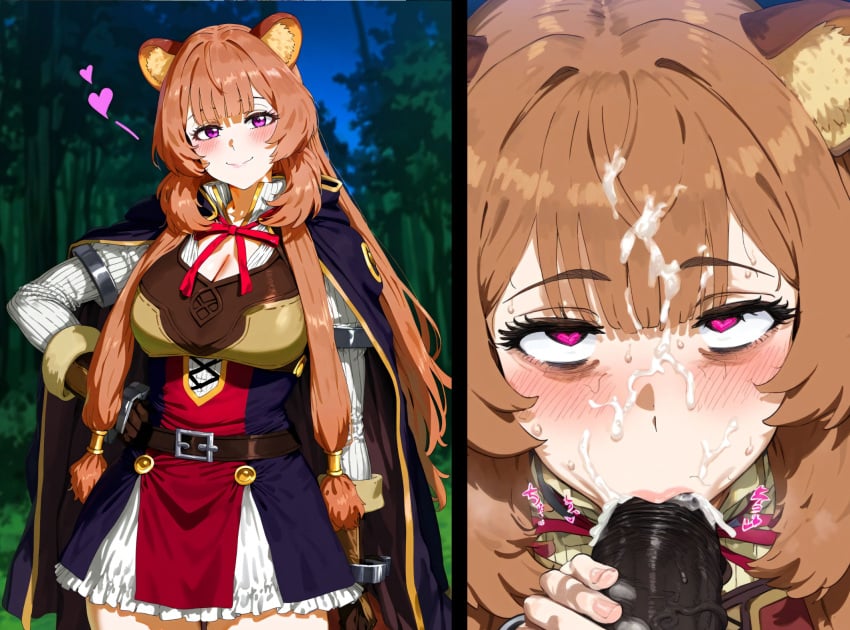 1boy 1girls ai_generated before_and_after big_breasts breasts brown_hair cum cum_in_mouth dark-skinned_male fellatio female female_focus huge_breasts large_breasts light-skinned_female looking_at_viewer looking_pleasured male pink_hair raccoon_ears raccoon_girl raphtalia tate_no_yuusha_no_nariagari the_rising_of_the_shield_hero
