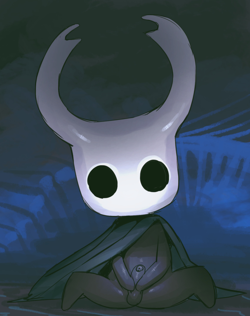 apis balls big_head black_body cape clothing empty_eyes erection featureless_limbs hi_res hollow_knight horn humanoid_penis male male_only masturbation mostly_nude partially_retracted_foreskin penis protagonist_(hollow_knight) sitting solo solo_male uncut video_games