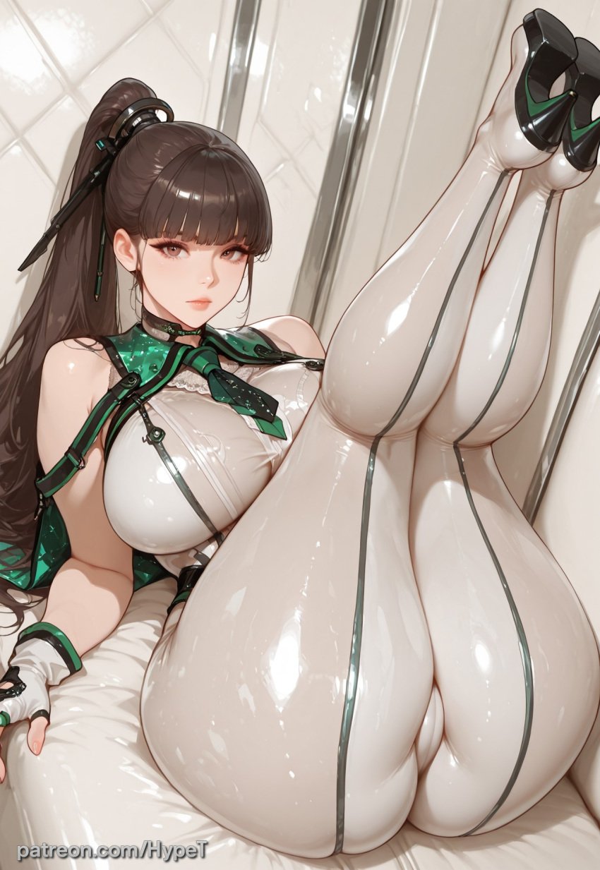 ai_generated alternate_version_at_source android asian asian_female big_breasts bodysuit breasts brown_hair eve_(stellar_blade) female hypet legs_up long_hair lying_on_bed robot_girl shiny_skin stellar_blade suit tagme thick thick_ass thick_legs thick_thighs thighs video_games