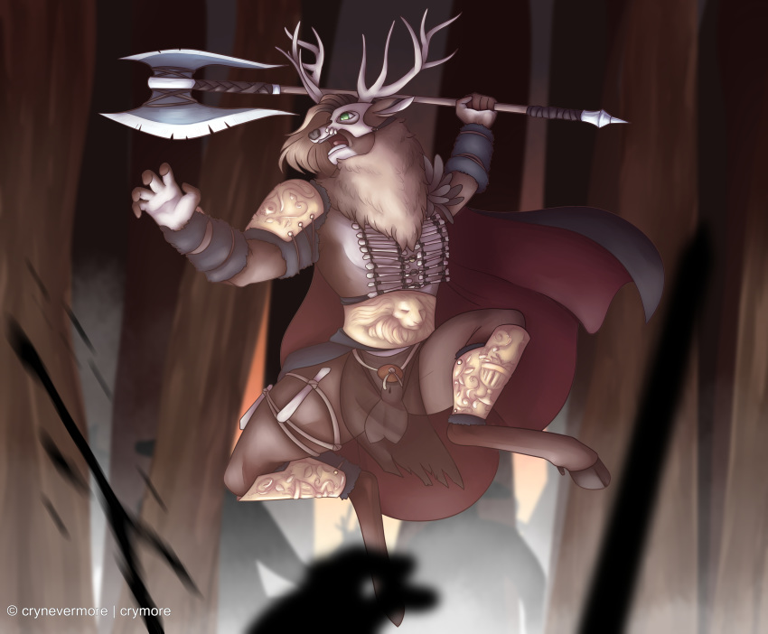 anthro antlers armor axe balls bone cape cervine clothing crymore deer fight fur furry hooves horn king_cervie mammal melee_weapon weapon