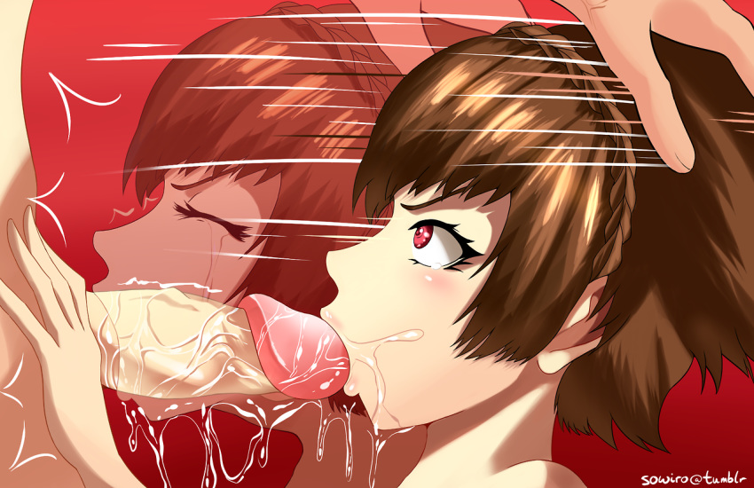 after_image artist_name braid brown_hair deepthroat excessive_saliva fellatio hand_on_another's_head irrumatio makoto_niijima oral penis persona persona_5 red_background red_eyes saliva short_hair sowilo speed_lines tears teenager