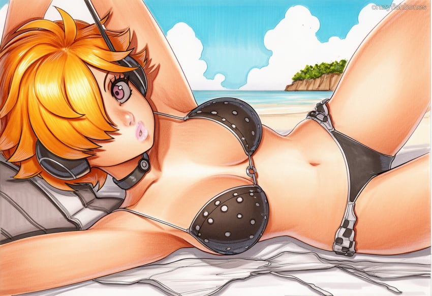 2025 ai_generated artist_name bikini blonde_hair breasts cleavage crazyfishbones day female lying navel original solo swimsuit vegapunk_lilith