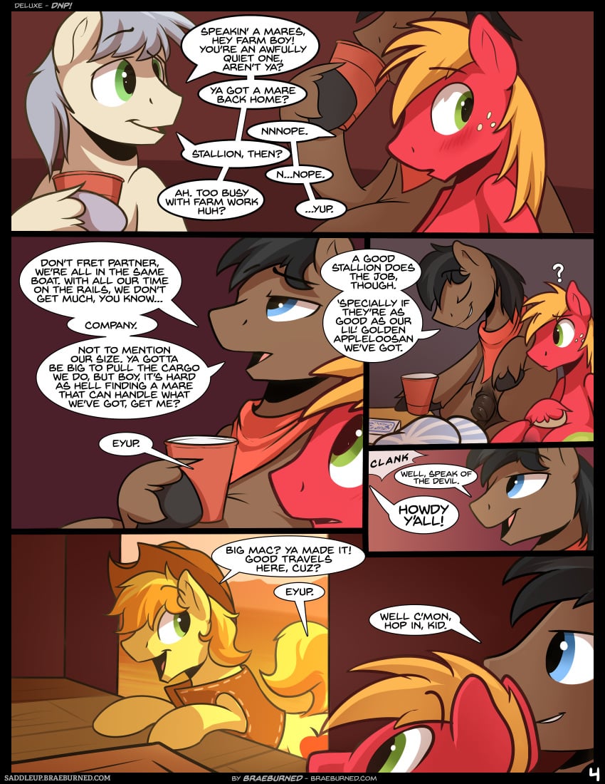 ? absurd_res animal_genitalia big_macintosh_(mlp) braeburn_(mlp) braeburned comic dialogue earth_pony english_text equine feral flaccid friendship_is_magic group hat hi_res horse john_bull_(mlp) male male_only mammal my_little_pony page_4 page_number penis pony promontory_(mlp) sheath simple_background text