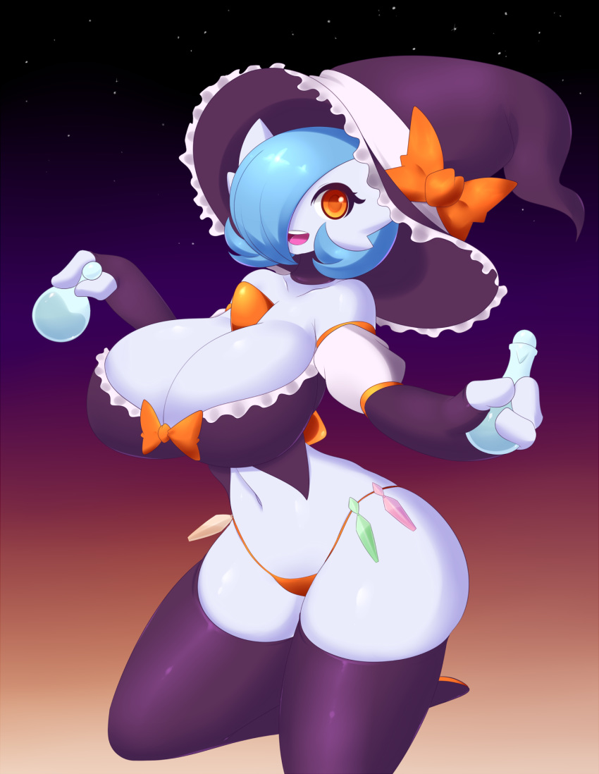 alternate_color blue_hair blue_skin bra cleavage female gardevoir halloween holding_object huge_breasts jcdr lucy_(jcdr) navel nintendo pokémon_(species) pokemon pokemon_(species) shiny_gardevoir shiny_pokemon solo_focus thighhighs thong underwear white_skin witch_hat