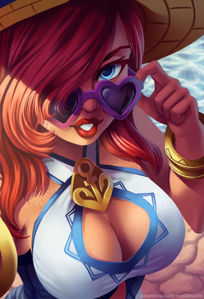 1girls armlet artist_name blue_eyes bracelet breasts cleavage cleavage_cutout covered_breasts eyewear female female_only glasses hair_over_eye hair_over_one_eye hat high_resolution jewelry large_breasts league_of_legends lips long_hair looking_at_viewer looking_over_eyewear looking_over_glasses looking_over_sunglasses miss_fortune orange_hair parsujera pink-tinted_eyewear pirate pirate_hat pool_party_miss_fortune pool_party_series red_hair solo sunglasses tinted_eyewear web_address