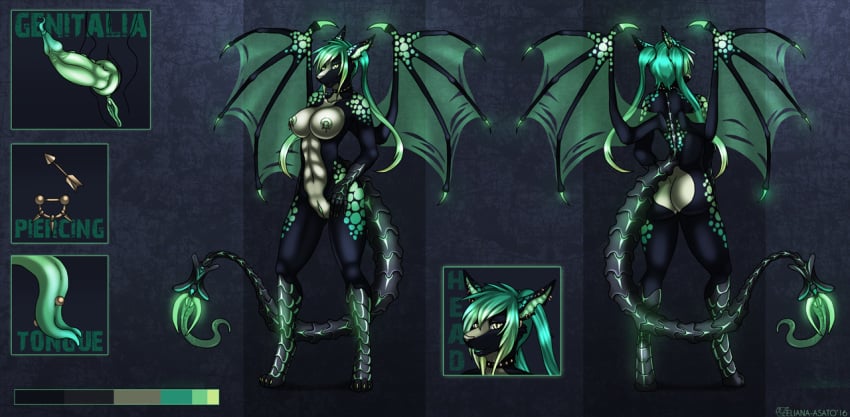 2016 abs black_scales breasts canine collar color_swatch dragon dragon-wolf ear_piercing eliana-asato english_text glowing green_eyes green_hair green_nipples green_penis green_scales hair herm hybrid intersex invalid_tag looking_at_viewer mammal model_sheet nipple_piercing nipples nude penis piercing pussy scales simple_background solo standing tentacle text wings wolf