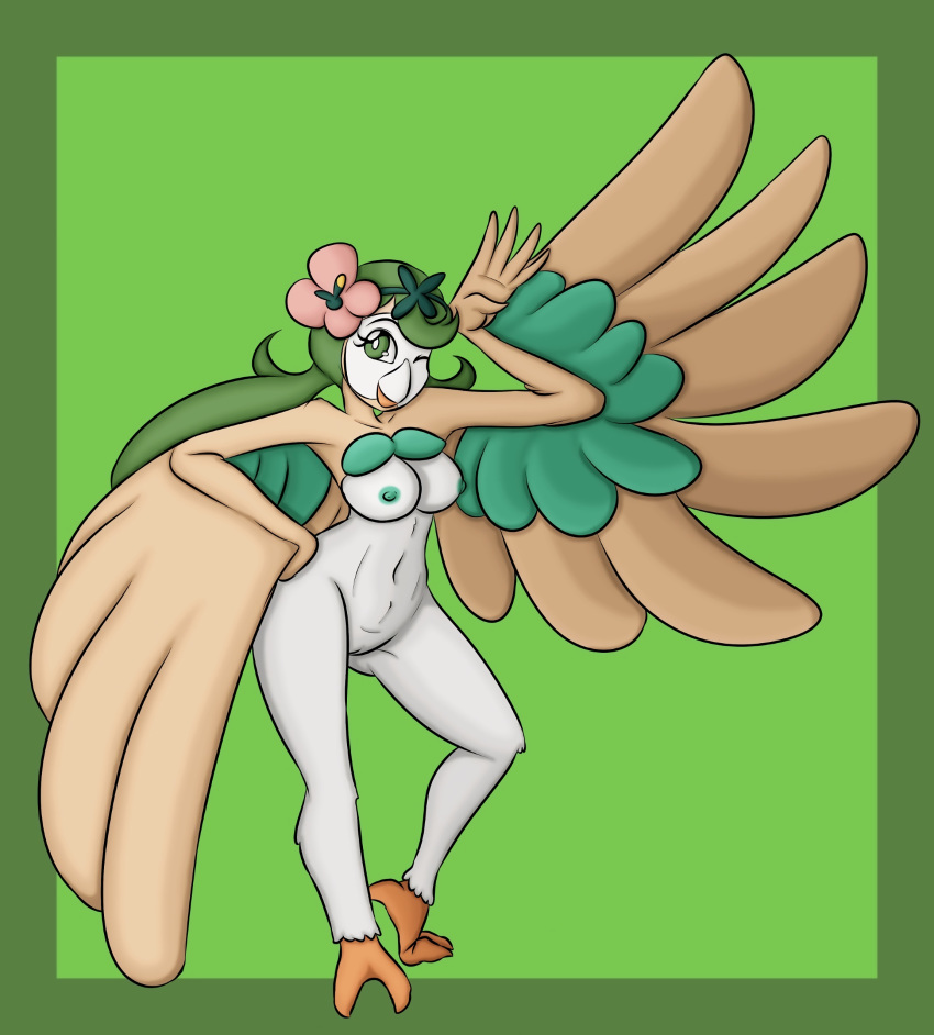 1girls alternate_species anthro armpits avian beak belly breast claws erect_nipples eyelashes feet female flower green_background green_eyes green_hair hairband long_hair looking_at_viewer mallow_(pokemon) monster_girl navel nintendo nipples nude pokemon pokemon_sm pussy rowlet smile solo standing tied_hair twintails wings wink