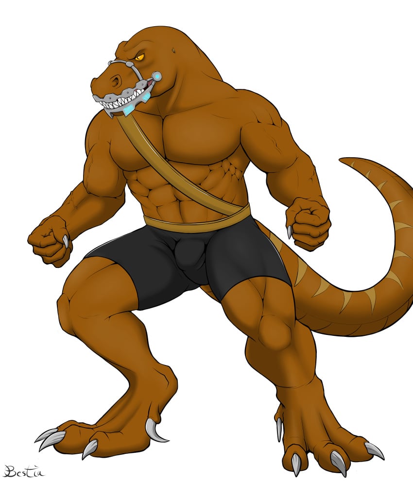 anthro bad_rap bulge claws clothing dinosaur elbestia extreme_dinosaurs full-length_portrait full_length male male_only muscular paws raptor scalie simple_background solo standing theropod underwear