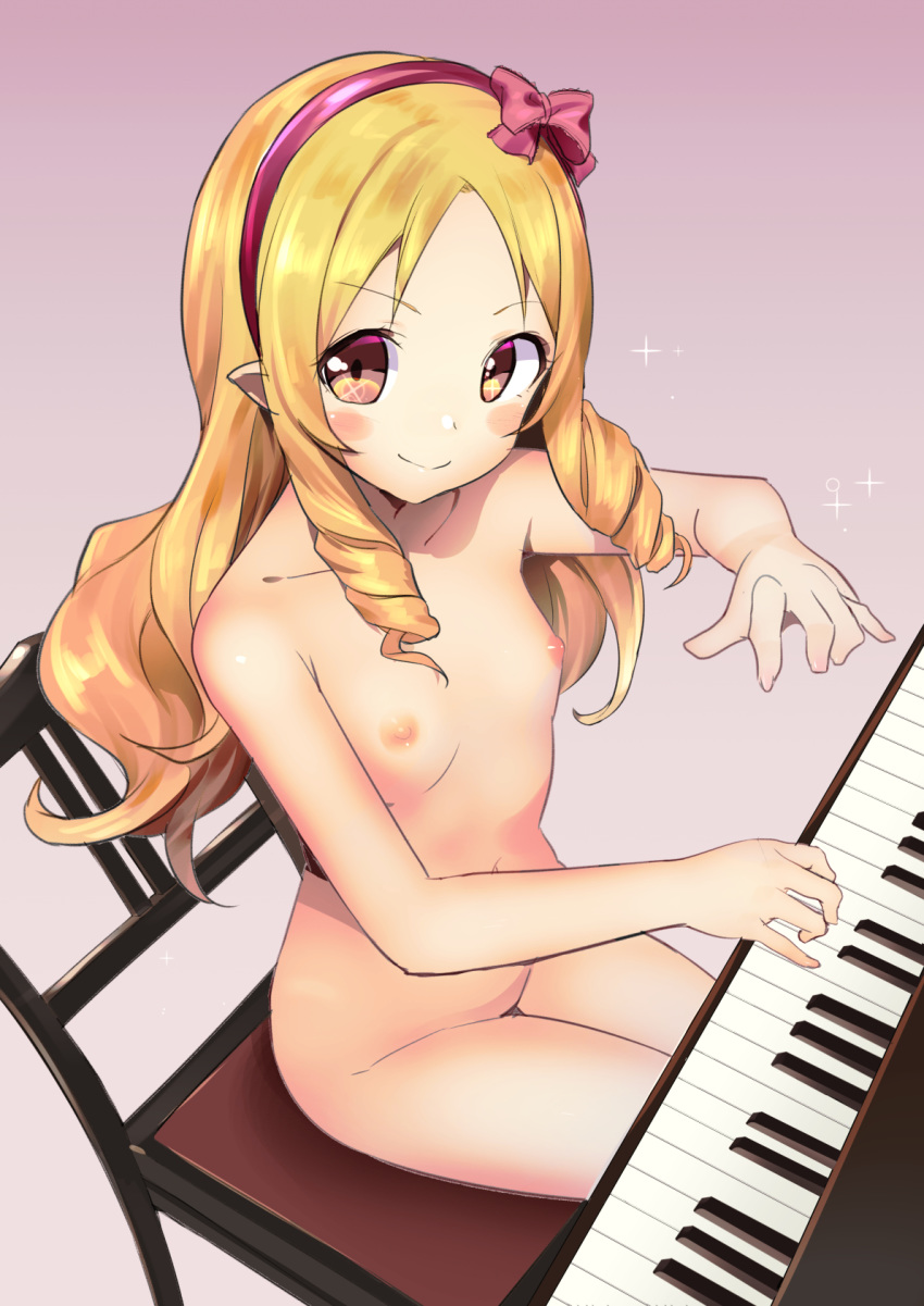 akechi_shizuku blonde_hair blush_stickers breasts brown_eyes chair collarbone drill_hair eromanga_sensei female from_above gradient gradient_background hair_ornament hairband hairbow highres instrument long_hair looking_at_viewer looking_up musical_instrument nipples piano pointy_ears sitting smile solo yamada_elf young