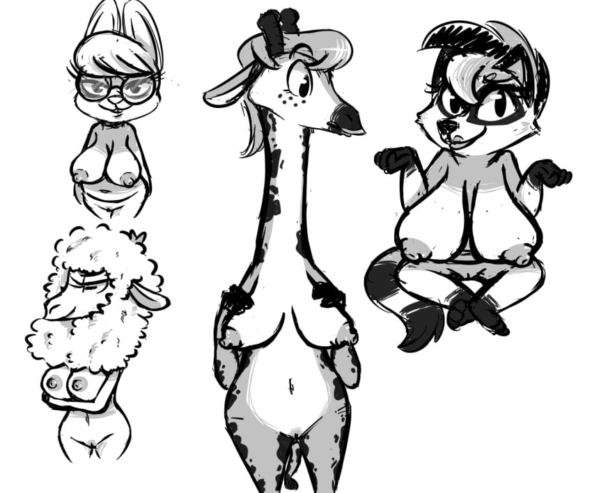 2017 agnes_(inkyfrog) anthro areola bedroom_eyes big_breasts black_and_white breasts buckteeth caprine crossed_arms disney edy_(inkyfrog) eyewear fan_character female giraffe glasses greyscale group half-closed_eyes hand_on_breast horn huge_breasts inkyfrog lagomorph large_breasts lipstick looking_at_viewer makeup mammal maxine_d'lapin monochrome navel nipples nude pussy rabbit raccoon roxy_(inkyfrog) seductive sheep shrug simple_background sitting slightly_chubby smile standing teeth white_background wool zootopia