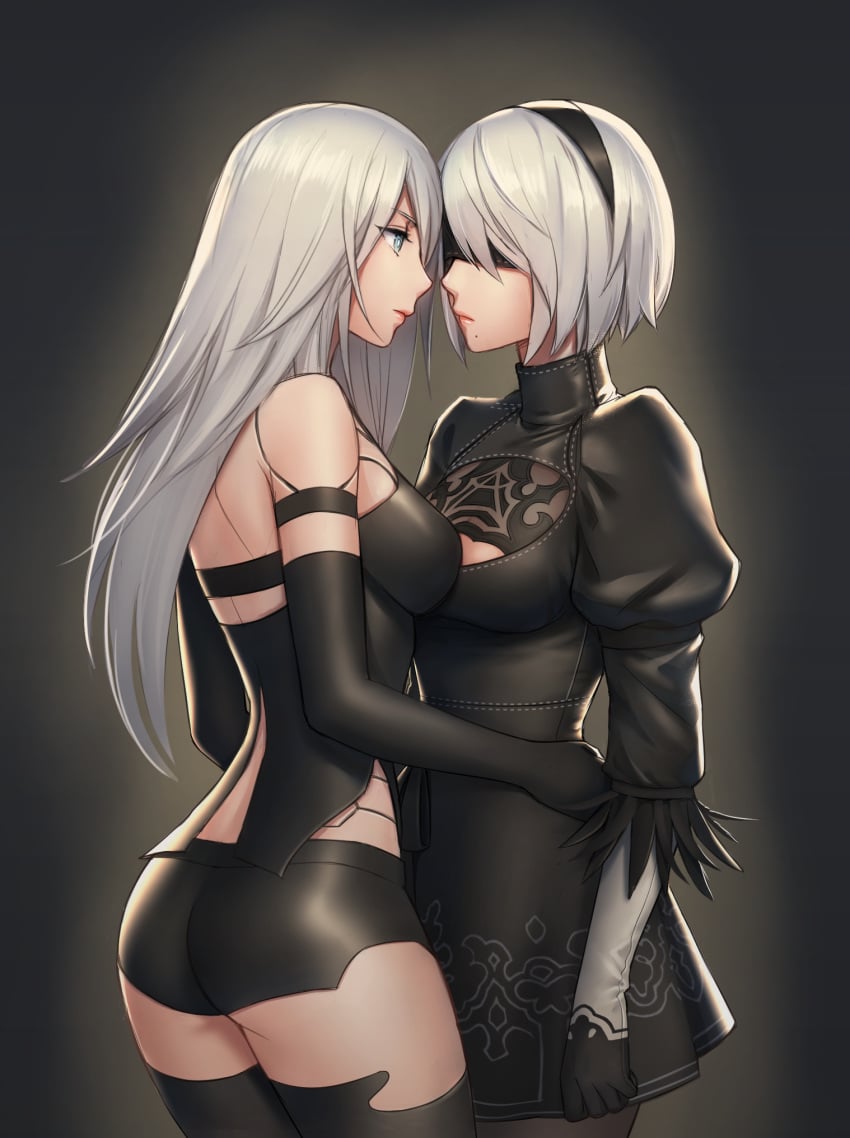 2girls absurdres ass breasts cleavage female female_only highres nier nier:_automata thighhighs tofu yorha_2b yorha_a2 yuri