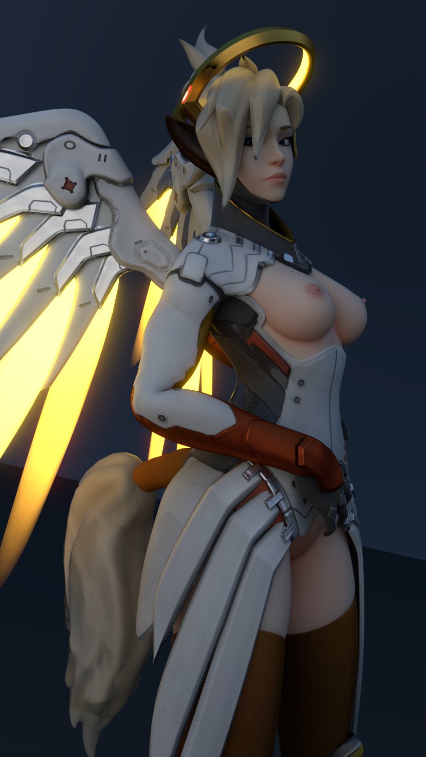 1girls 3d angel_wings ass big_breasts blender blonde blonde_female blonde_hair blue_eyes breasts breasts_out breasts_outside butt closed_mouth clothed female female_only horse_tail looking_at_viewer mercy mouth_closed nipples overwatch partially_clothed pink_nipples premlandio pussy side_view sideboob solo solo_female standing wings