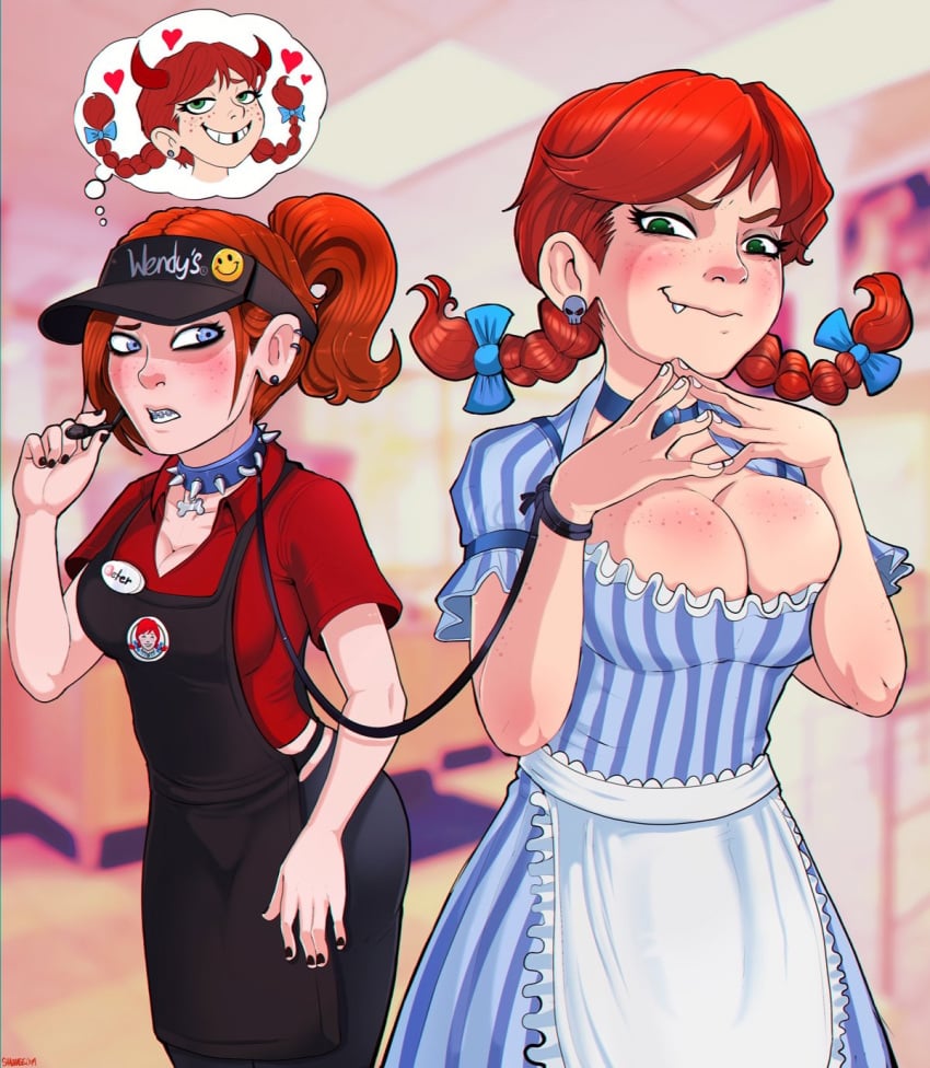 <3 2017 2d 2girls apron artist_name big_breasts blue_eyes blush bow braces braid braids breasts busty cap cleavage clothed clothed_female collar covered_breasts demon_horns dog_collar dress earrings eyeliner fast_food fast_food_uniform female female_focus female_only femdom femsub freckles green_eyes hat hips jewelry large_breasts leash legs light-skinned_female light_skin logo mascot multiple_girls pale-skinned_female pale_skin photo piercing ponytail real_person red_hair shadman skull spiked_collar thighs tied_hair twin_braids twintails voluptuous waitress watermark wendy's wendy_thomas yuri