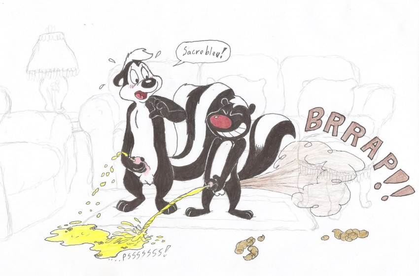 2boys anthro anthro_only balls blush blushing closed_eyes crossover dialogue duo fart feces looney_tunes male male_only mammal nude onomatopoeia pee peeing peeing_on_floor penis pepe_le_pew piss red_nose scat sketch skunk skunk_(skunk_fu!) smile speech_bubble surprised text timon-berkowitz traditional_media_(artwork) urinating urinating_male urination urine urine_drip urine_on_floor urine_pool urine_splatter urine_stream warner_brothers watersports