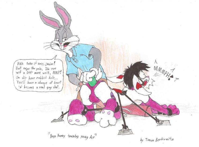 anal ball_gag bondage bugs-bunny_(artist) bugs_bunny bulge dildo forced gag lagomorph looney_tunes mammal paws penis rabbit sex_toy text timon-berkowitz warner_brothers