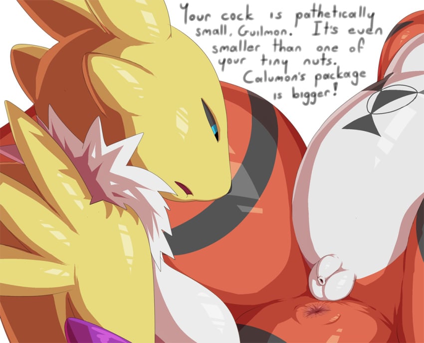 1boy 1girls anus balls black_sclera blue_eyes breasts canine clothing dialogue digimon dinosaur english_text female fox fur furry guilmon humanoid_penis humiliation male mammal mintyskin open_mouth penis renamon reptile scalie simple_background small_penis small_penis_humiliation text uncut