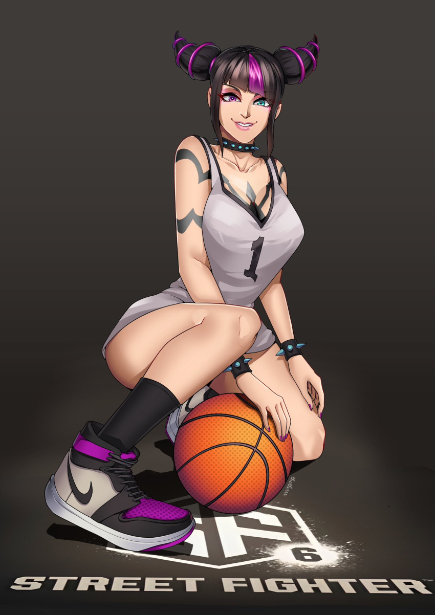 anklehighs basketball basketball_(ball) basketball_uniform black_hair black_socks blue_eyes breasts crew_socks female female_only heterochromia juri_han large_breasts looking_at_viewer purple_eyes smile smiling socks solo solo_female street_fighter street_fighter_6 tattoo tattoos thotlerrr treartz