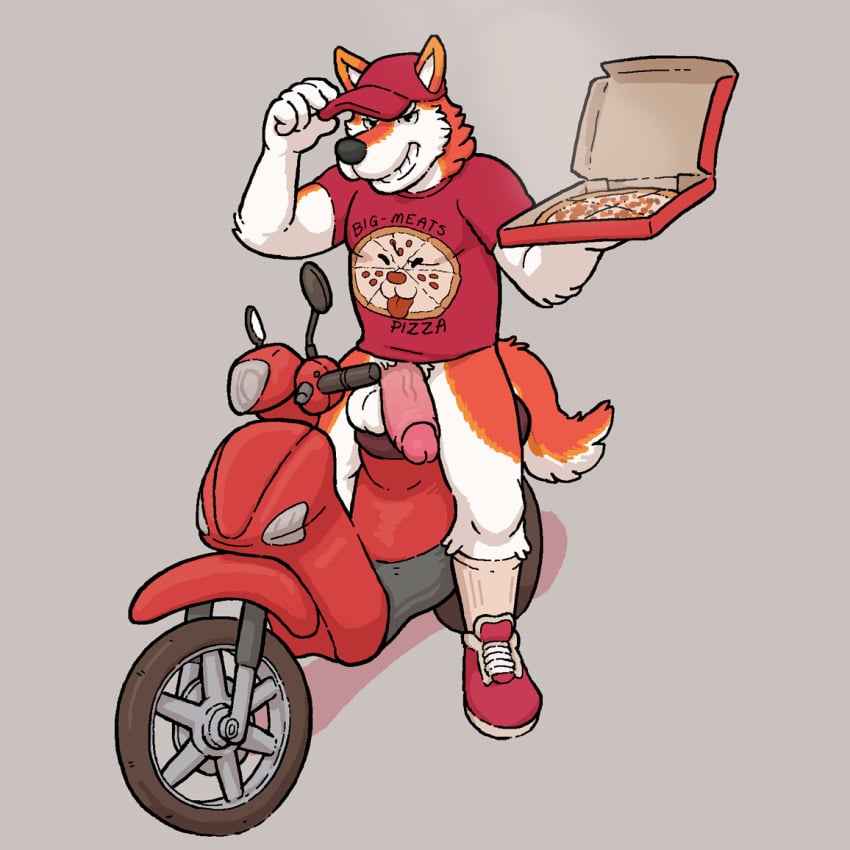 1boy anthro balls bottomless canine clothed clothing coal_(artist) delivery_boy food furry humanoid_penis husky jake_grant male male_only mammal moped penis pizza pizza_boy solo vehicle