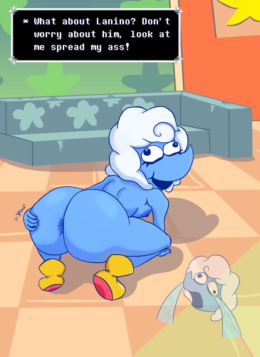 2025 absurd_res anus ass big_butt big_nose blue_body bodily_fluids boots boots_only breasts butt_focus clothing darkner deltarune detailed_background dustiebunnie elnina_(deltarune) eyelashes female footwear footwear_only furniture hi_res humanoid mostly_nude nude nude_female poofy_hair presenting presenting_hindquarters shoes smile sobbing sofa solo speech_bubble spread_butt spreading tears text undertale_(series)