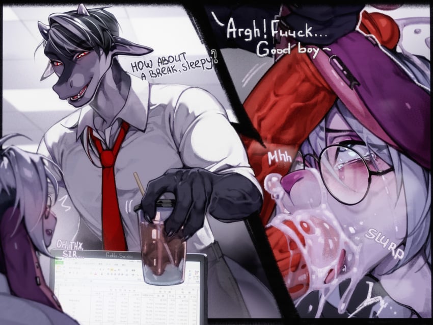 2_penises animal_genitalia animal_penis anthro bodily_fluids bondage clothing collared_shirt computer cum cum_in_mouth cum_inside cumshot dragon dress_shirt duo ear_pull earjob ejaculation electronics eyewear fellatio femboy gay gay_male gekko-seishin genital_fluids genitals glans glasses good_boy hemipenes hi_res horn humanoid_genitalia humanoid_penis inside lagomorph laptop leporid long_ears makeup male male/male mammal microsoft microsoft_excel microsoft_office multi_genitalia multi_penis mythological_creature mythological_scalie mythology necktie office oral penile penis pet_praise petplay praise rabbit red_eyes roleplay round_glasses running_makeup scalie sex shirt snot tears topwear unprofessional_behavior wearing_glasses yaoi