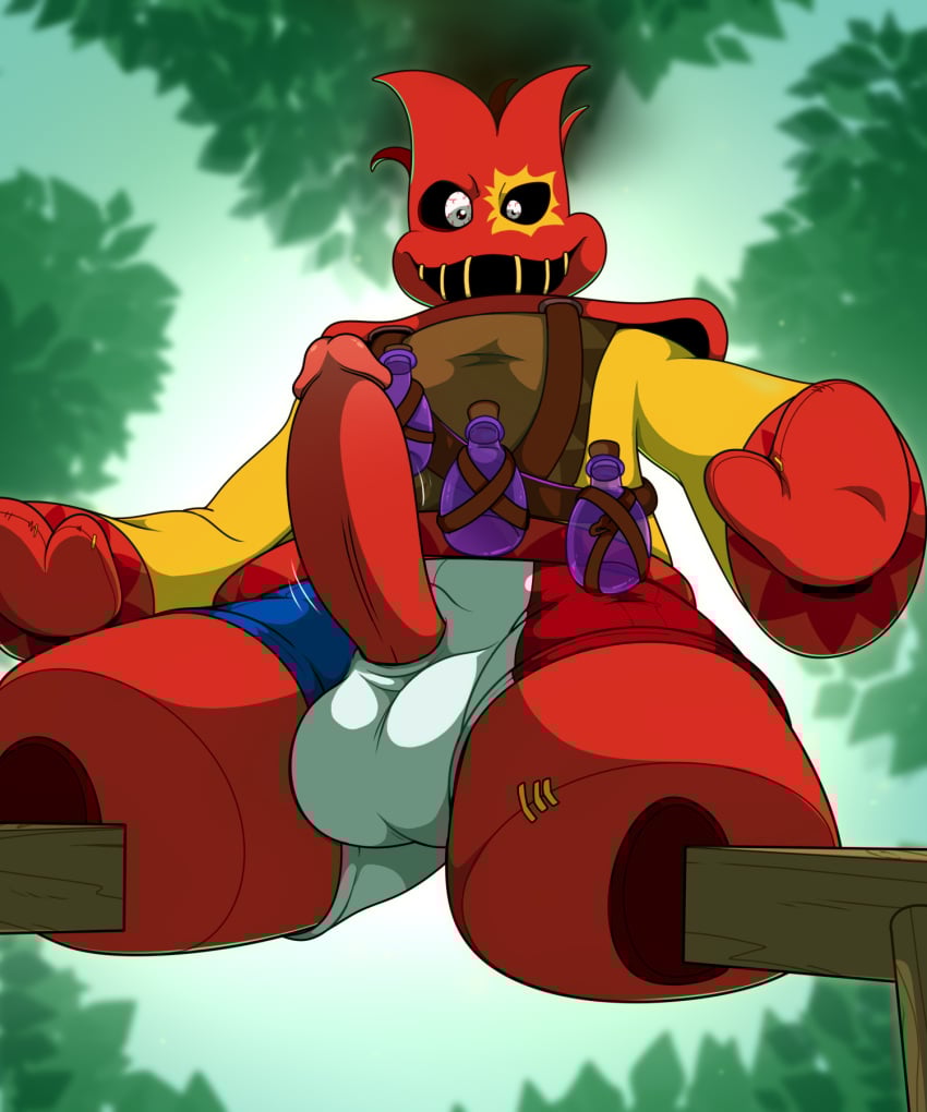 5:6 anthro aroused balls_outline belt bloodshot_eyes bottle bulge bulge_through_clothing clothed clothing colored_outline container detailed_background detailed_bulge erection france french_flag genital_outline genitals gloves handwear hi_res hoodlum_(rayman) leaf looking_at_viewer looking_down looking_down_at_viewer lum_(rayman) male mittens motion_lines open_mouth partially_clothed penis penis_out_of_underwear penis_poking_out penis_through_underwear potion potion_bottle rayman_(series) red_body red_clothing red_gloves red_handwear red_mittens red_penis sewn_mouth solo spread_legs spreading standing stilts stitch_(sewing) stumbleboom_(rayman) suit surprised surprised_expression surprised_face ubisoft underwear vein veiny_penis vorechestra wiggle_lines yellow_clothing yellow_suit