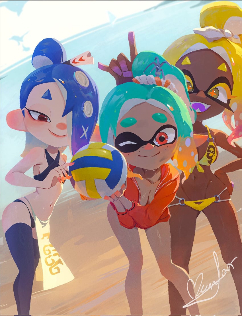 3girls beach beach_volleyball bikini blue_hair cyan_hair dark-skinned_female dark_skin female_focus frye_(splatoon) frye_(splatoon_raiders) frye_onaga inkling inkling_girl light-skinned_female light_skin maroon_eyes mechanic_(splatoon_raiders) nintendo olive_eyes red_eyes red_orange_eyes shiver_(splatoon) shiver_(splatoon_raiders) shiver_hohojiro splatoon splatoon_(series) splatoon_raiders swimsuit swimwear twitter_link volleyball yellow_hair zhang_tian57284