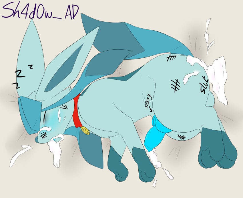absurd_res after_sex animal_genitalia animal_penis artyom_(thebonemaker) balls blue_blush blue_body blue_fur blue_penis blush bodily_fluids canine_genitalia canine_penis closed_eyes collar cum cum_from_penis cum_in_ass cum_in_mouth cum_inside degrading_tattoo eeveelution excessive_cum excessive_genital_fluids feral fur generation_4_pokemon genital_fluids genitals glaceon glowing glowing_genitalia glowing_penis hi_res knot lying male male_glaceon nintendo on_side open_mouth penis pokemon pokemon_(species) sh4d0w_(artist) simple_background sleeping solo tail white_background