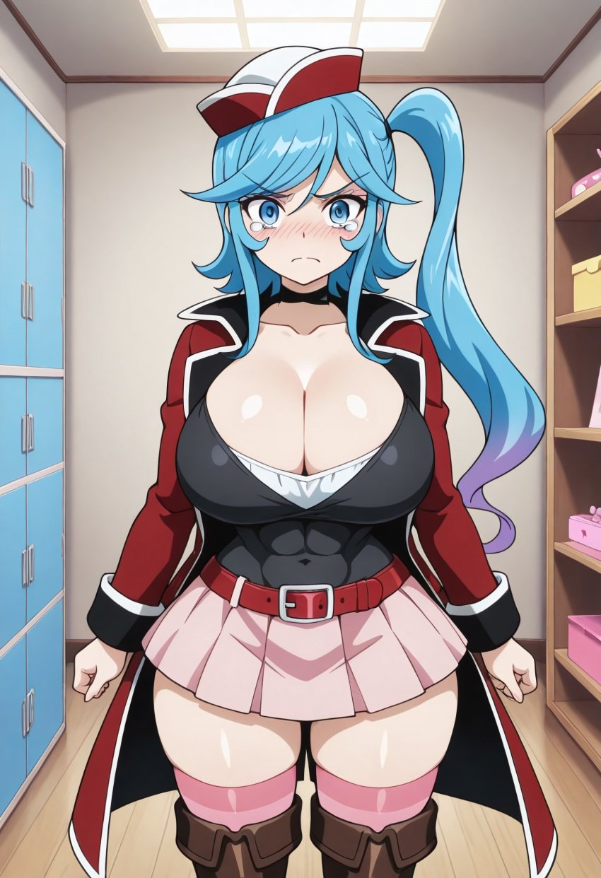 1girls ai_generated alternate_breast_size blue_eyes blue_hair cleavage collarbone female kamijo_ehoko light-skinned_female light_skin long_hair solo