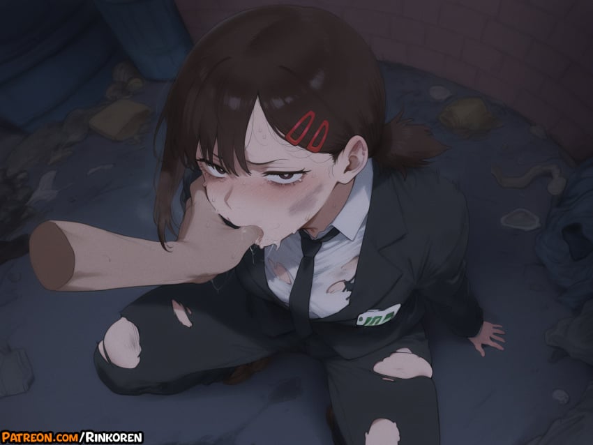 1boy 2025 ai ai_assisted ai_generated anime anime_girl anime_style artist_name black_hair black_jacket black_necktie black_pants blush breasts brown_hair chainsaw_man collared_shirt disembodied_limb female finger_in_another's_mouth formal hair_ornament hairclip hi_res higashiyama_kobeni high_quality high_res high_resolution highres injury jacket kobeni_higashiyama looking_at_viewer necktie pants patreon patreon_username raped raped_girl raped_superheroine rinkoai saliva shirt short_hair short_ponytail solo_focus squatting straight suit sweat torn_clothes torn_pants uncensored used_condom watermark white_shirt