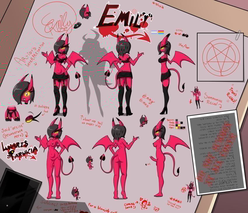 2025 absurd_res areola ass autograph balls bedroom_eyes black_areola black_bottomwear black_clothing black_footwear black_hair black_high_heels black_legwear black_miniskirt black_nipples black_panties black_skirt black_thigh_highs black_underwear blush bottomwear breasts bulge character_signature chibi cigarette cleavage_cutout clothing collarbone crop_top cutout demon digital_media_(artwork) emily_(lunaris_parukia) enochian erection eyelashes fan_character feet file file_folder flaccid footwear foreskin futanari garter_belt garter_straps genitals glans glowing glowing_eyes group hair hair_over_eye helluva_boss hi_res high_heels holding_cigarette holding_object horn humanoid humanoid_feet humanoid_genitalia humanoid_penis intersex kiss_mark legwear lgbt_pride lunaris_parukia membrane_(anatomy) membranous_wings midriff miniskirt model_sheet narrowed_eyes navel nipples nude occult_symbol off/on pansexual_pride_colors panties panty_bulge penis pentacle photo pink_glans plantigrade pride_colors red_body red_skin seductive shirt shoes silhouette skirt smile smiling_at_viewer soles spade_tail stockings succubus summoning_circle symbol tail text thigh_highs topwear trans_(lore) trans_woman_(lore) transgender_pride_colors uncircumcised under_boob underwear verosika_mayday wings yellow_sclera