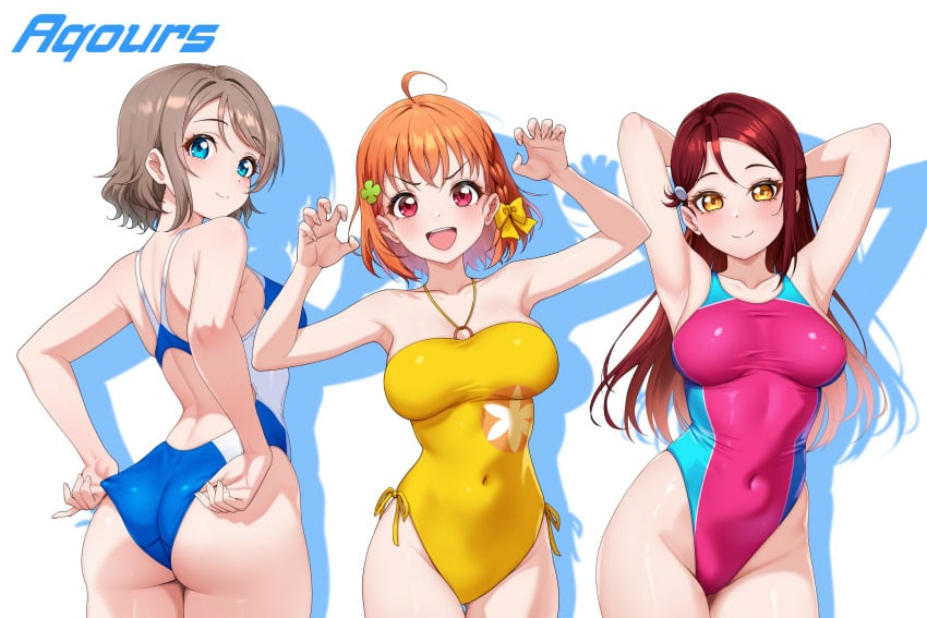 4ddd absurdres adjusting_clothes adjusting_swimsuit ahoge armpits arms_up ass blue_eyes blue_one-piece_swimsuit braid breasts brown_hair commission competition_swimsuit covered_navel curvy from_behind gao grey_hair group_name hair_ornament highleg highleg_leotard highres large_breasts leotard love_live! love_live!_sunshine!! multiple_girls navel one-piece_swimsuit orange_hair pink_one-piece_swimsuit pixiv_commission plump red_eyes red_hair ribbon sakurauchi_riko short_hair simple_background single_braid swimsuit takami_chika two-tone_swimsuit watanabe_you wavy_hair white_background yellow_eyes yellow_one-piece_swimsuit