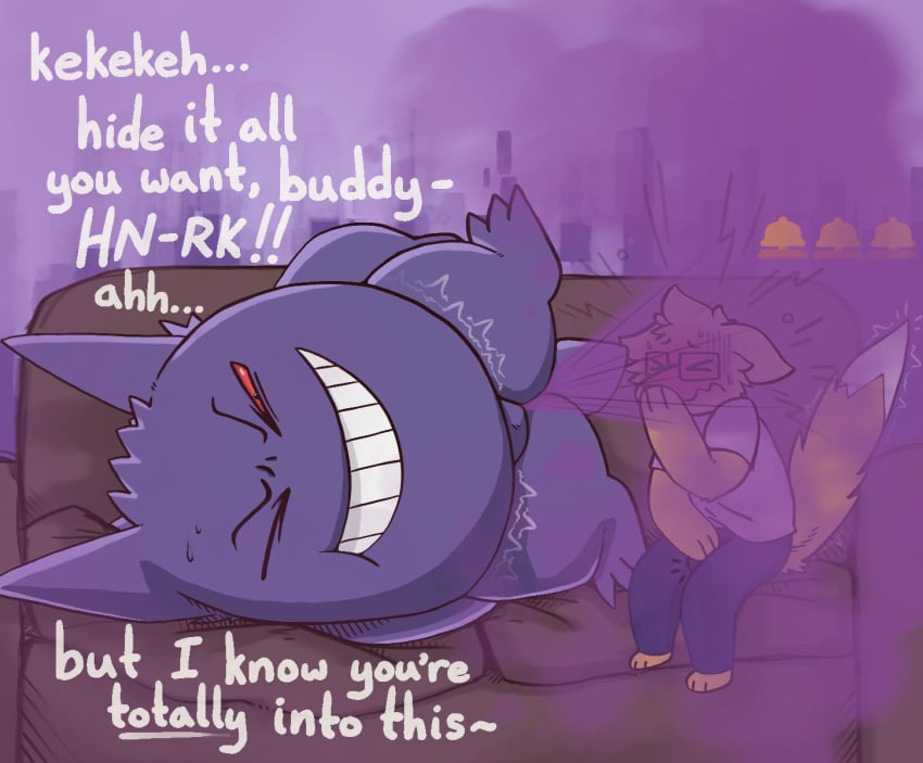 anthro austrum biped bottomwear bulge canid canine canis closed_eyes clothed clothing dialogue domestic_dog duo embarrassed emoji eyewear fart fart_cloud fart_fetish farting_on_another flirting furniture generation_1_pokemon gengar glasses hi_res hiding_erection hiding_face laugh lying male male/male mammal motion_lines nintendo on_side onomatopoeia pants pokemon pokemon_(species) purple_body purple_fart_cloud raised_leg red_eyes shirt sitting smile sofa sound_effects text topwear yellow_body