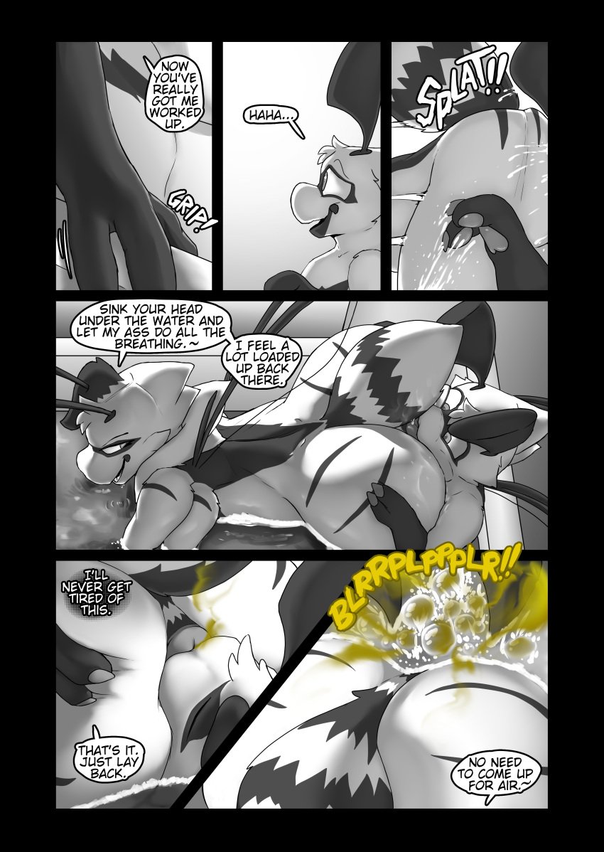 2_fingers 3_fingers 4_arms absurd_res antennae_(anatomy) anthro anus arthropod ass back_wings bath bathing bathing_together bee big_butt butt_squish comic dialogue dominant dominant_female duo english_text facesitting fart fart_bubbles fart_fetish farting_female farting_in_water farting_on_another farting_on_face farting_on_male female female_farting fingers heather_(soomir) hectar_(soomir) hi_res hymenopteran insects male male/female monochrome multi_arm multi_limb nude nude_anthro nude_female nude_male sitting_on_another soomir speech_bubble squish stinger stinger_tail submissive submissive_male tail text thought_bubble thoughts water wings