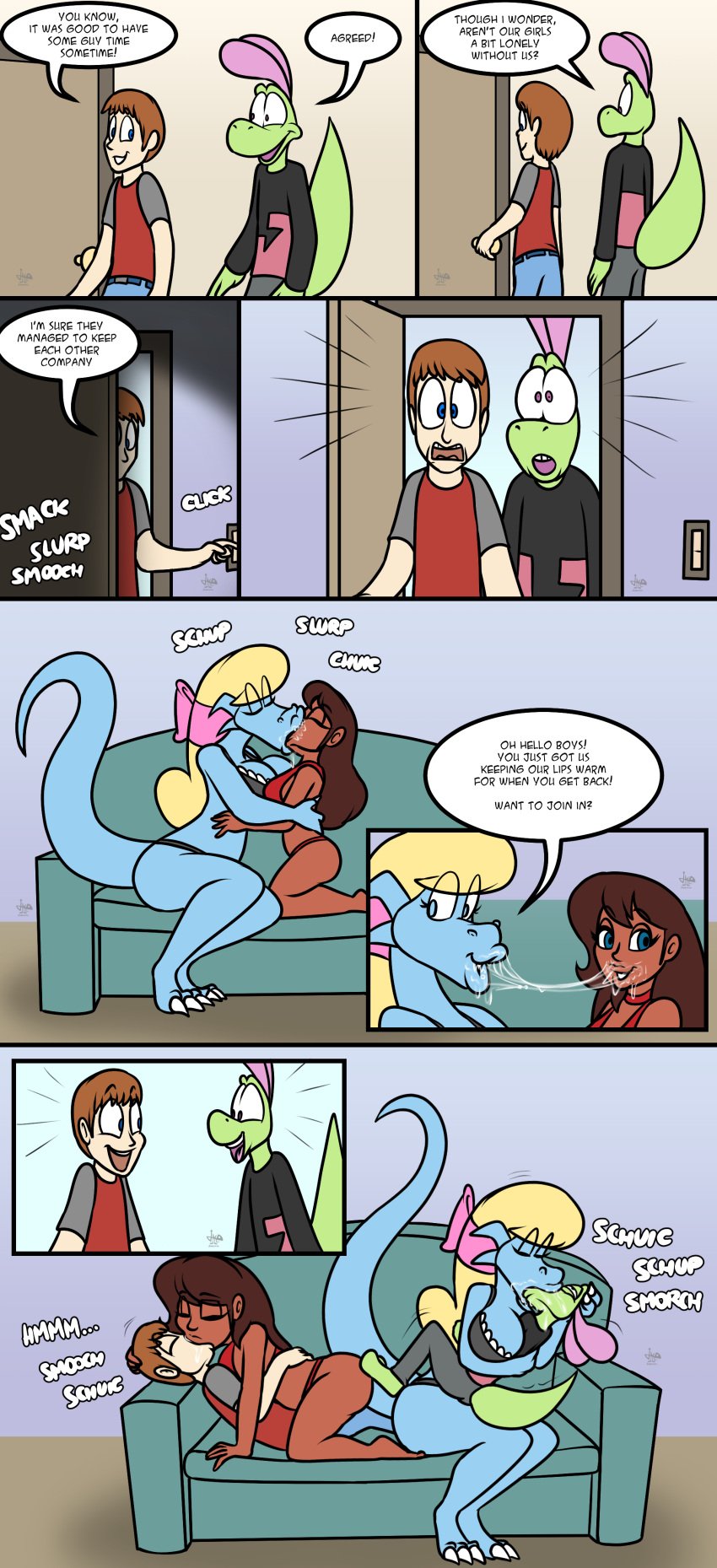 2boys 2d 2d_(artwork) 2girls alice_(jamearts) big_breasts bikini bisexual bisexual_female blonde_hair blonde_hair_female blue_body blue_eyes blue_skin bow bowtie breasts brown_hair brown_hair_female brown_hair_male comic couch couch_sitting dialogue digital_drawing_(artwork) digital_media_(artwork) dragon dragon_girl dragon_horns dragon_tail excited excited_expression excited_male female girls_kissing green_body green_skin human_female human_male jamearts jimmy’s_sloppy_life jimmy_(jamearts) kissing lizard lizardman long_hair male male/female mwah panel pink_bow pink_bowtie saliva saliva_drip saliva_string saliva_trail scalie scalie_female scalie_male short_hair sitting_on_couch sloppy_kiss smooch
