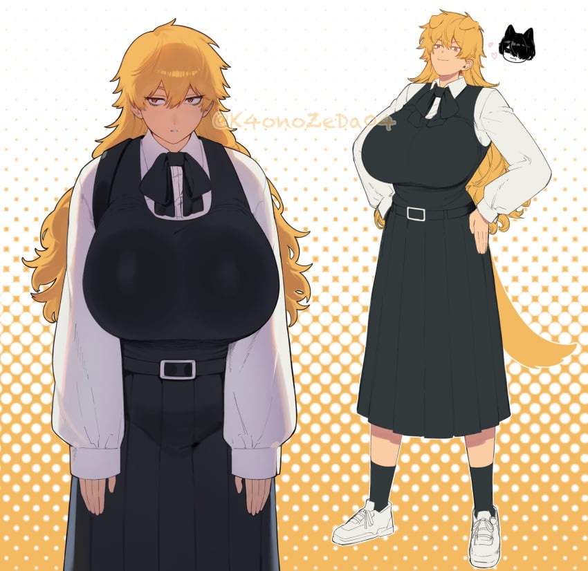 1girls big_breasts blonde_female blonde_hair chainsaw_man denji_(chainsaw_man) dog_ears dog_girl hirofumi_yoshida huge_breasts huge_chest k4onozeda04 long_hair meta:genderswap meta:genderswap_(mtf)