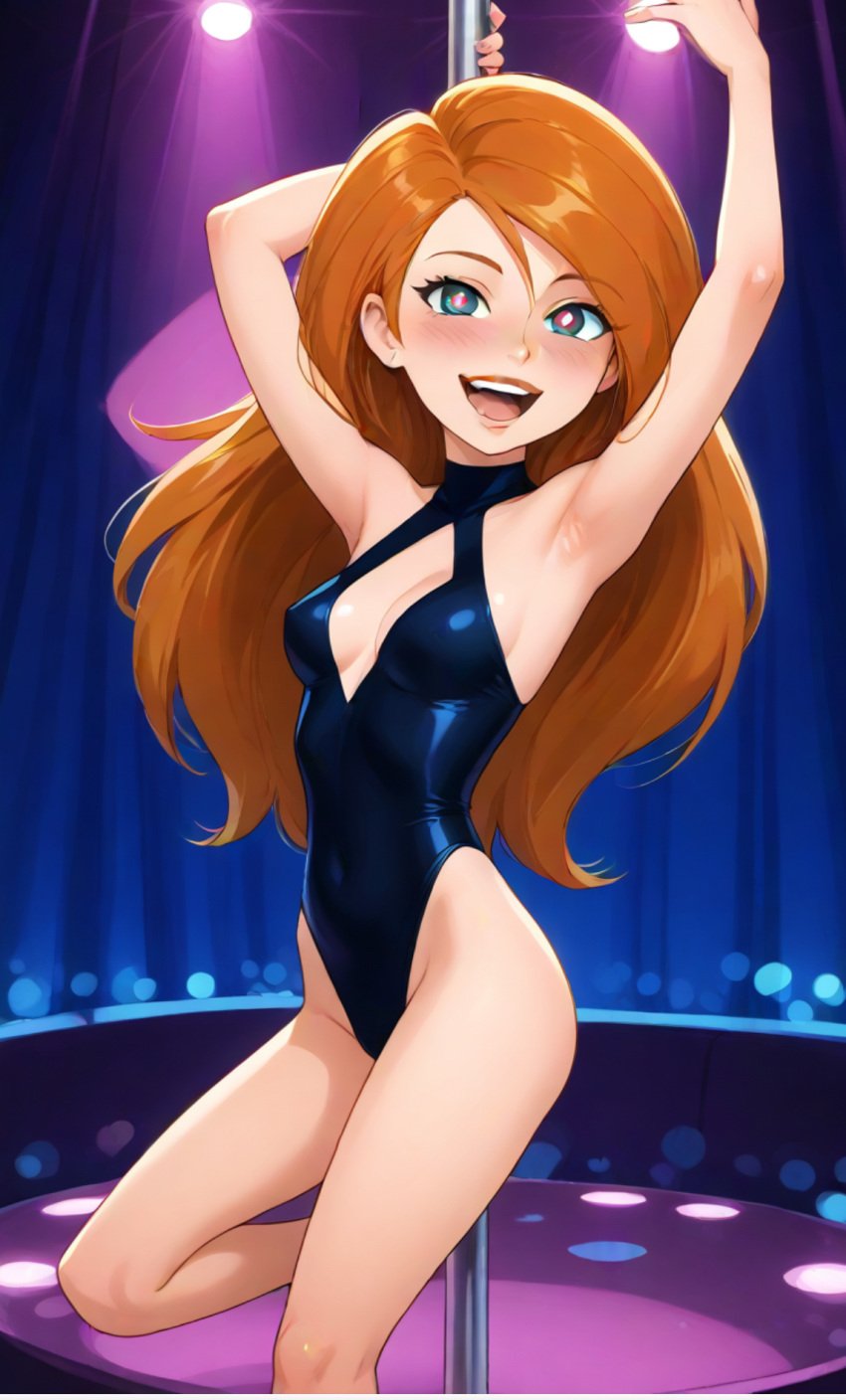 ai_generated blush blush female female_only heart-shaped_pupils kim_possible kimberly_ann_possible legitimate looking_at_viewer orange_hair pole pole_dancing smile smiling smiling_at_viewer solo solo_female stripper stripper_pole thick_hair underwear