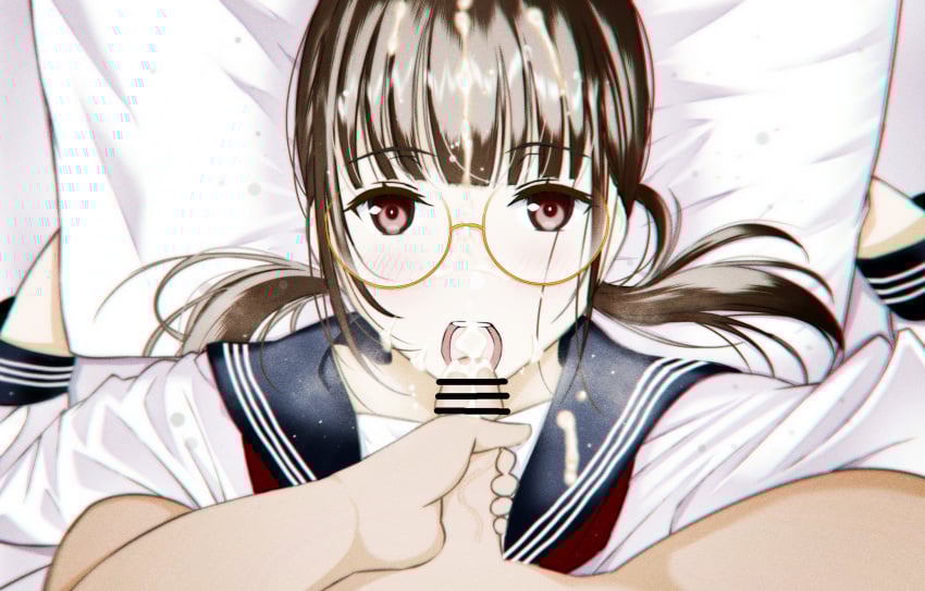 1boy average_sized_penis bar_censor brown_eyes brown_hair censored collared_shirt cum cum_in_mouth cum_on_body cum_on_eyewear facial female glasses highres long_hair looking_at_viewer low_twintails lying male moonsorrow on_back open_mouth original sailor_collar school_uniform serafuku shirt teeth twintails upper_teeth_only white_shirt