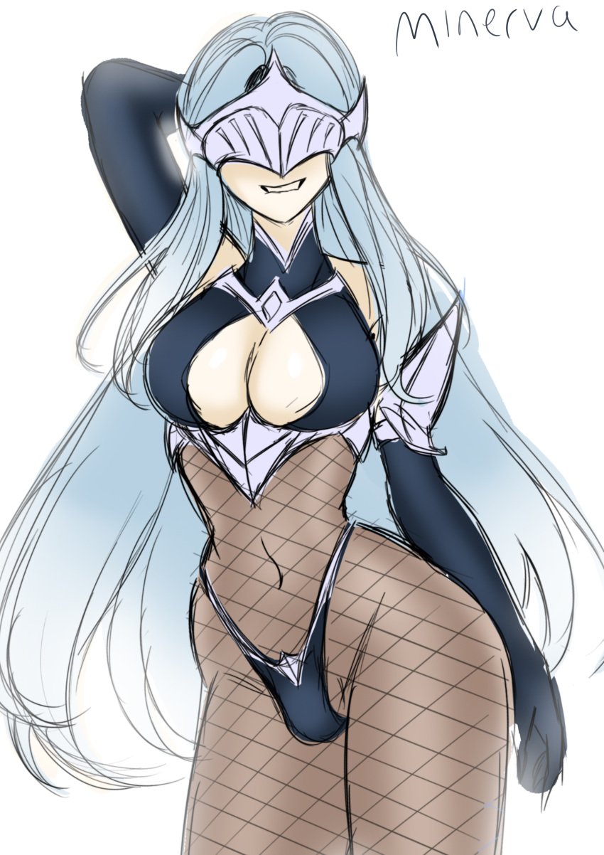 1futa blue_hair breasts bulge cleavage color exposed_breasts futa_only futanari intersex jesscatg large_breasts minerva_(jesscatg) seductive_smile solo tagme wide_hips