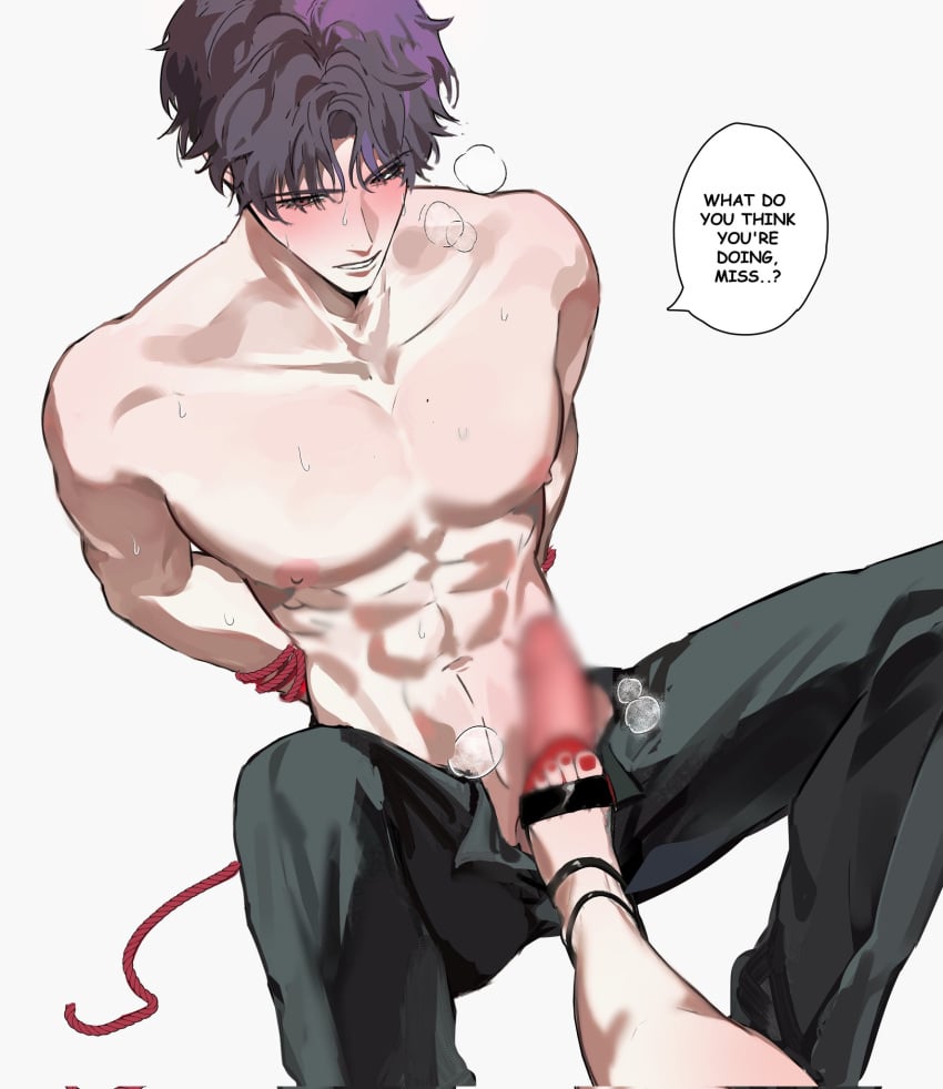 1boy abs arms_behind_back aroused black_pants blur_censor blush bondage bondage bound bound_wrists breath brown_eyes censored collarbone english_text erection evil_fishie female female_pov footjob heavy_breathing highres large_penis love_and_deepspace male_focus nail_polish open_mouth open_pants pants pectorals penis penis_out pov pov_legs protagonist_(love_and_deepspace) purple_hair rafayel_(love_and_deepspace) red_nails red_rope restrained rope sandals short_hair simple_background sitting speech_bubble stepped_on talking toenail_polish toenails tongue white_background