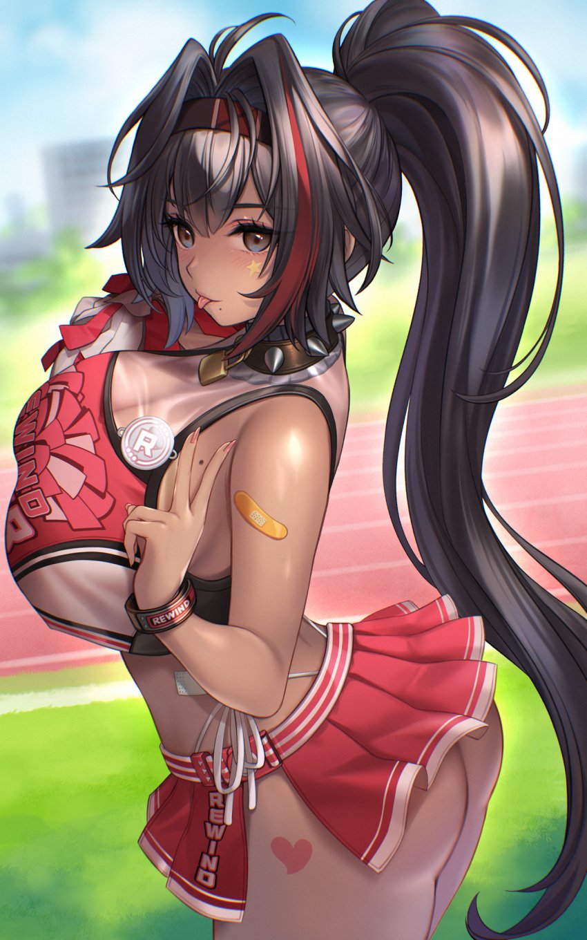ahoge ass badge bandaid bandaid_on_arm bandaid_on_hip bare_shoulders bay_(nikke) black_hair blurry blurry_background blush breasts button_badge cheerleader clothes_writing collar crop_top dark-skinned_female dark_skin female from_side goddess_of_victory:_nikke grey_eyes hair_between_eyes hair_intakes hairband heart heart_tattoo highleg highleg_panties highres large_breasts leg_tattoo lock long_hair looking_at_viewer mole mole_on_breast mole_under_eye multicolored_hair outdoors padlock padlocked_collar panties pom_pom_(cheerleading) ponytail red_hair side-tie_panties skindentation smile solo spiked_collar spikes star_(symbol) star_in_eye star_sticker sticker_on_face streaked_hair symbol_in_eye tattoo thighs tongue tongue_out toriseru_(rare_stone) two-tone_skirt two-tone_tank_top underwear v very_long_hair white_panties wristband