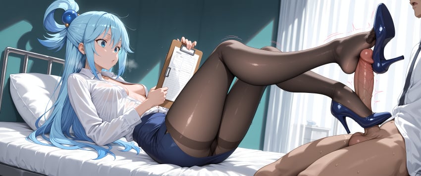 1boy_sitting_to_far_left 1girl_sitting_to_far_right 2boys absurdres ai_generated amazing_quality aqua:0 aqua_(konosuba) best_quality black_pantyhose blue_eyes blue_hair break business_suit clipboard clothed_sex examination_table female footjob footjob_with_legwear from_side full_body high_heels konosuba laying_down long_hair looking_at_another masterpiece medical_bed not_in_focus nurse's_office:0 out_of_frame pencil_skirt ponytail privacy_curtain sheer_pantyhose shiny_skin sitting_accross_from_another small_breasts sterile_environment teacher_outfit:0 testicles twitching_penis unbuttoned_blouse veiny_penis very_aesthetic