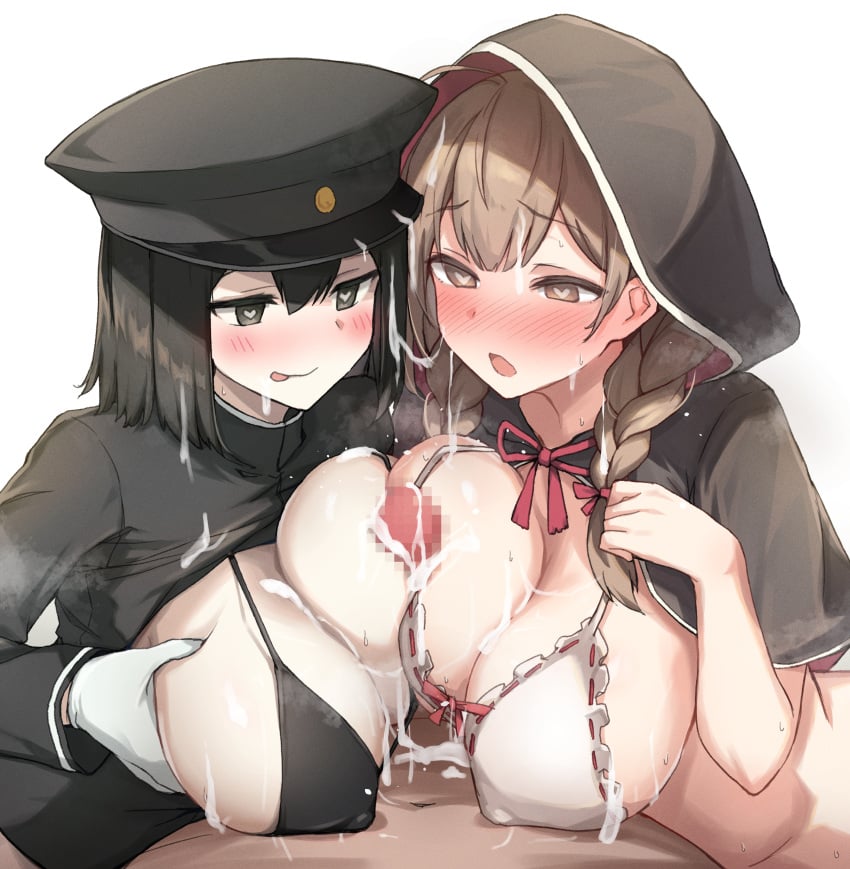 1boy 2girls @_@ absurdres after_ejaculation after_paizuri ahoge akitsu_maru_(kancolle) bikini black_bikini black_eyes black_hair black_hat black_jacket braid breasts brown_eyes brown_hair bukkake capelet commission cooperative_paizuri covered_nipples cum cum_on_body cum_on_breasts cum_on_clothes cum_on_hair embarrassed facial ffm_threesome gloves group_sex hat heart heart-shaped_pupils highres huge_breasts jacket kantai_collection licking_lips looking_at_viewer medium_hair military_hat military_jacket multiple_girls open_mouth paizuri paizuri_under_clothes peaked_cap peanut_mouth pov sabo_(12454861) shinshuu_maru_(kancolle) sideboob_paizuri simple_background skeb_commission smile swimsuit symbol-shaped_pupils teamwork_(sexual) teeth threesome tongue tongue_out twin_braids white_background white_bikini white_gloves zenra