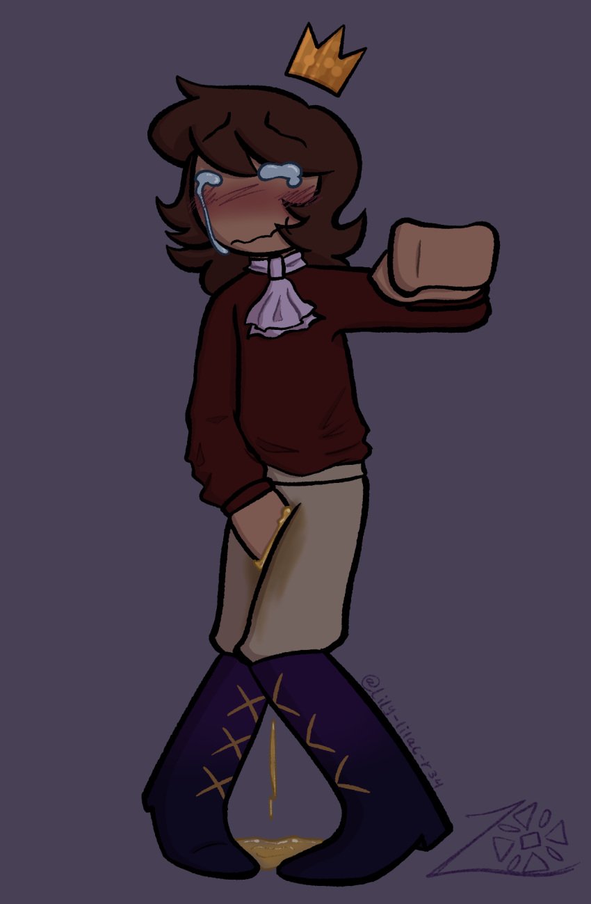 a_hat_in_time biting_lip blush bodily_fluids boots brown_hair crossed_legs crown crying embarrassed hands_between_legs lily-lilac male male_focus male_only omorashi peeing prince_(ahit) urine