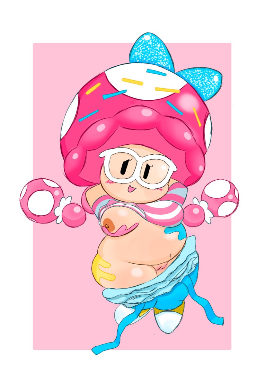 1female barely_clothed belly blush breasts chubby chubby_female clothing_aside covered_in_ice_cream eyelashes female female_only glasses ice_cream ice_cream_on_breasts jrm2002alt mario_(series) mario_kart mario_kart_world mob_face mushroom_girl mushroom_humanoid nervous nervous_expression nervous_face nervous_female nintendo nipples overalls pink_pussy pussy ribbon shortstack sprinkles toadette twintails